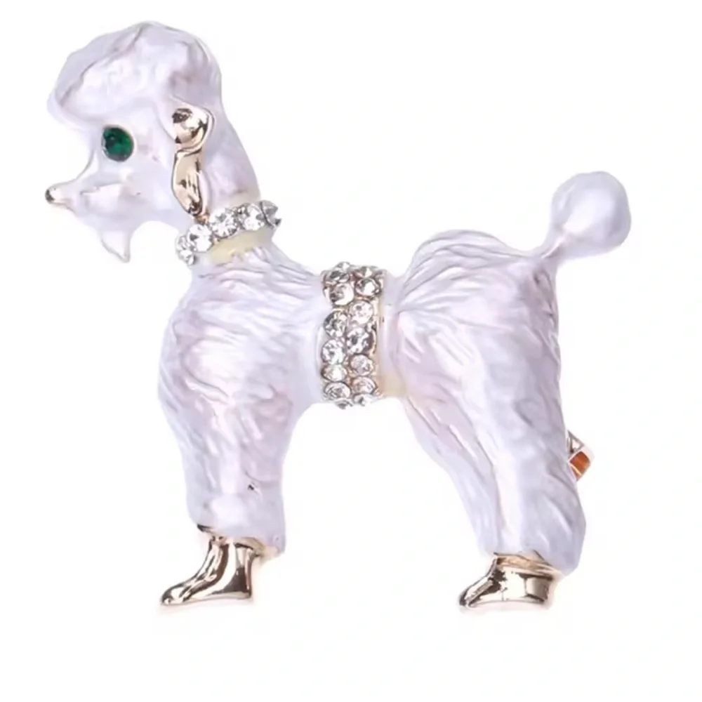 White Poodle Gold Crystal Brooch
